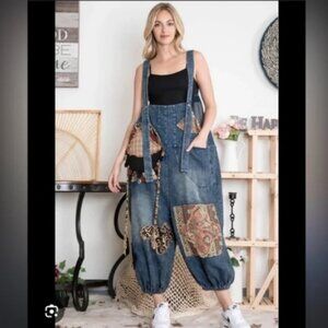 BlueVelvet Denim Capri Overalls with Mixed Patches in Denim XL🆕⌚📦🏃💨🚚